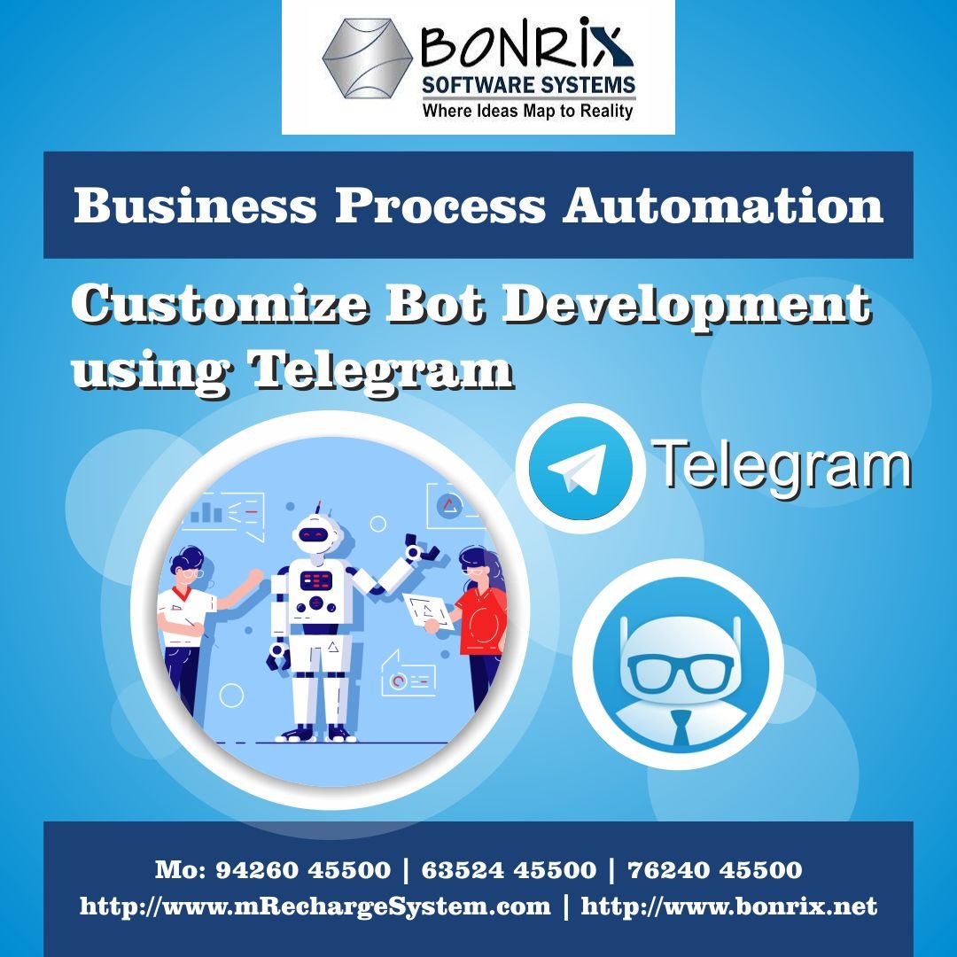 Business Process Automation: Customize bot development using Telegram, with links to mRechargeSystem.com and bonrix.net